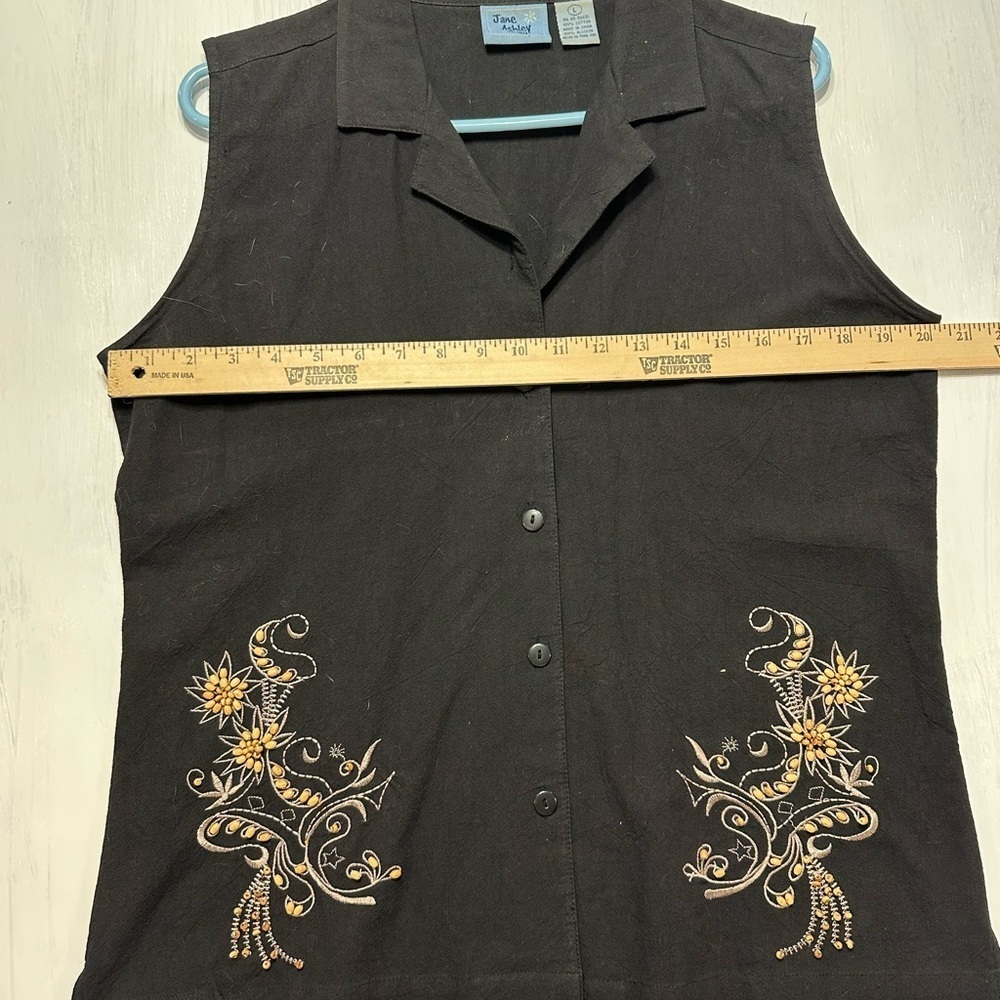 Jane Ashley Black Top Large Sleeveless Button Front Floral Embroidery Cotton - Picture 4 of 8